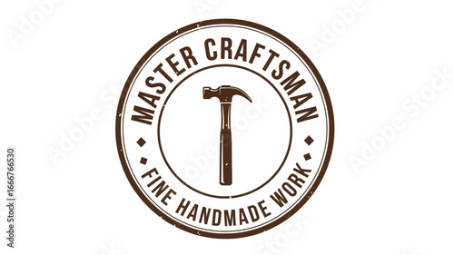 Distressed circular emblem logo design featuring a vintage hammer, symbolizing expert craftsmanship and dedication to fine handmade work, ideal for artisanal branding projects