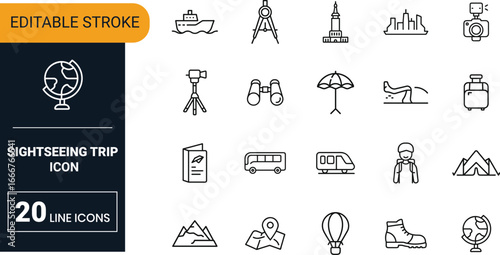 Sightseeing trip vector icon set collection with landmark, bus, map, monument, city, travel, tourist attraction and guided tour
