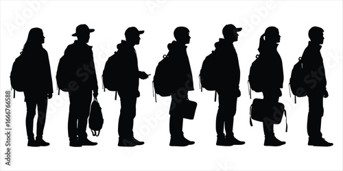Group of students with backpacks and bags in silhouette on white background vector illustration