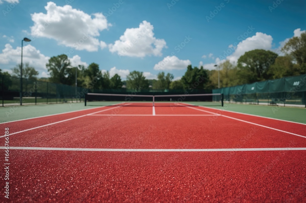 Fototapeta premium Vibrant athletic field surface seen from above with white markings on a red rubber floor outdoors