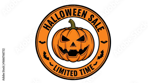 Vibrant Halloween sale graphic featuring a menacing jack-o'-lantern pumpkin and flying bats, a perfect vector illustration for festive limited time discount promotions