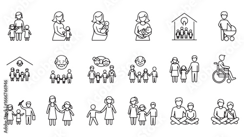 Family and parenting line icon set. Vector pictograms of couples, single parents, children, elderly, baby, newborn, teenager thin linear illustration.