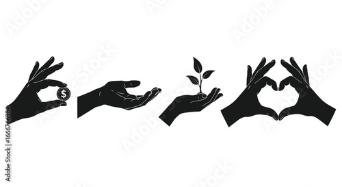Diverse hand gestures representing different concepts and actions from creation to care vector