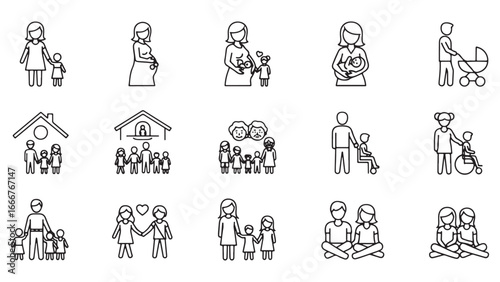 Family and parenting line icon set. Vector pictograms of couples, single parents, children, elderly, baby, newborn, teenager thin linear illustration.
