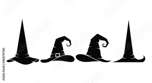 Four distinct black witch hats silhouettes for halloween or fantasy themes isolated on vector