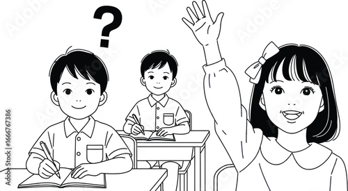 Eager student raises hand to answer question in classroom, with classmates studying