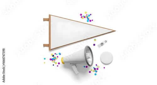 Festive announcement concept with a blank pennant flag and megaphone mockup with confetti