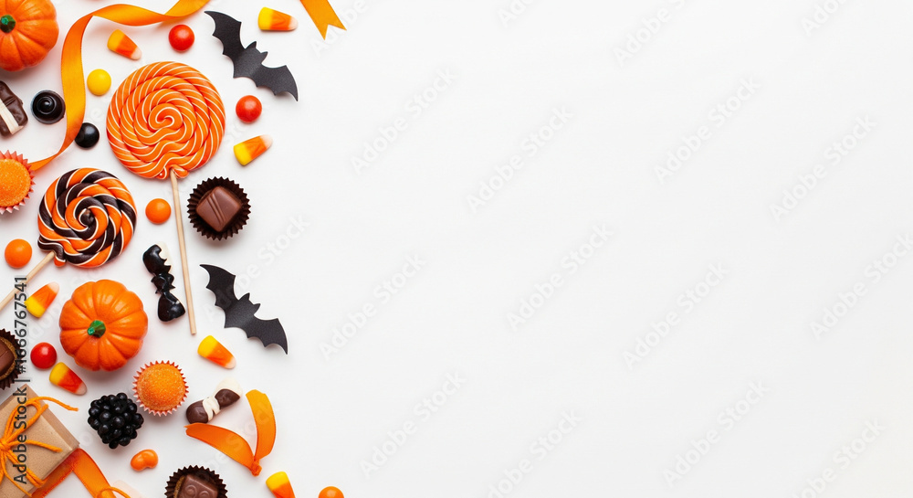 Fototapeta premium Colorful Halloween candy and spooky bat decorations form a festive border on a clean white background, offering ample space for text
