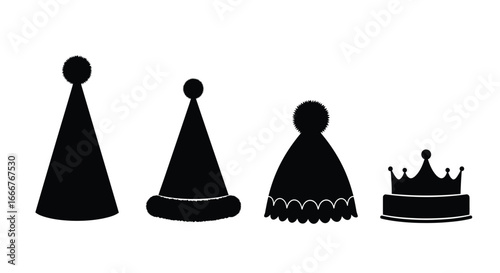 Set of four black party hats and a crown silhouettes for festive celebrations and birthdays vector