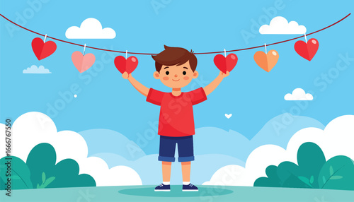 A boy with outstretched arms holds heart-shaped decorations on a string against a backdrop of clouds and greenery.