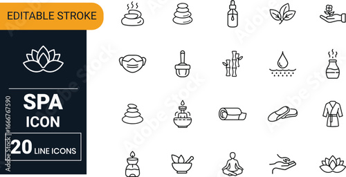 Spa vector icon set collection with lotus, candle, stone, massage, wellness, beauty, relaxation, skincare and healthy lifestyle