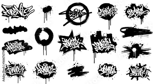 Spray graffiti element set, can splatter vector brush drip freehand kit, urban street black grunge. Cool hand writing stain splash, dirty messy airy ink stroke and circles. Spray graffiti dark splash