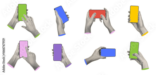 Colorful halftone style hands holding smartphones in multiple positions. Vector stylized arms with phones. User diversity, mobile device usage and digital interaction. Design for tech or apps