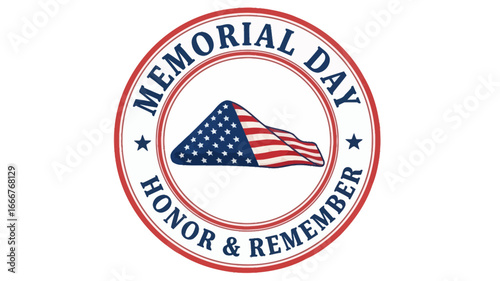 Patriotic graphic design emblem for national remembrance, featuring a stylized waving flag illustration within a bold circular insignia, symbolizing honor and tribute