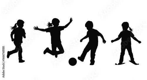 Diverse children silhouette group engaged in dynamic outdoor play soccer and jumping actions vector