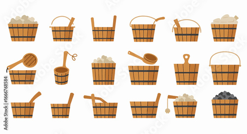 Collection of Wooden Buckets and Ladles for Sauna and Spa Relaxation and Hygiene