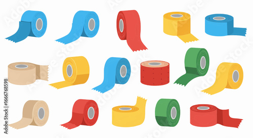 Dynamic digital illustration featuring an array of multicolored adhesive sports tapes, ideal for fitness campaigns