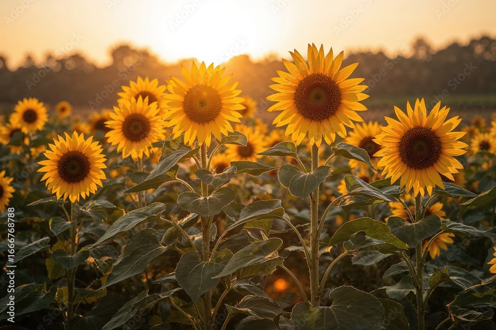 Fototapeta premium Vibrant sunflowers flourishing under a warm sunset glow with a natural backdrop and ten blossoms.