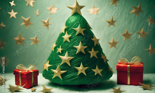 christmas tree and gifts with gold star 