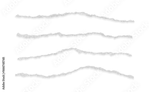 White realistic torn or ripped paper strip. Vector collection of grunge edges, rip pieces, notebook or wallpaper scrapes, newspaper with damaged borders. Stroke texture, set of paint brush isolated