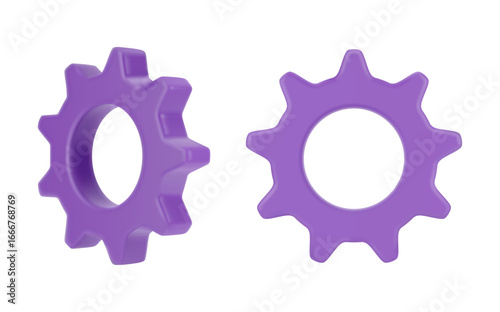 Metal pinions and cogs set, isolated 3d gears. Vector wheels mechanism elements set. Cogwheels templates side and front view. Mechanical systems component, technical pinions. Rotating machine parts