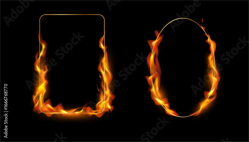 Flames of fire on geometric frames. Vector realistic set of rectangular and oval shapes with copy space. Fire burning on line, ignition and blazing effect, borders for typography or games