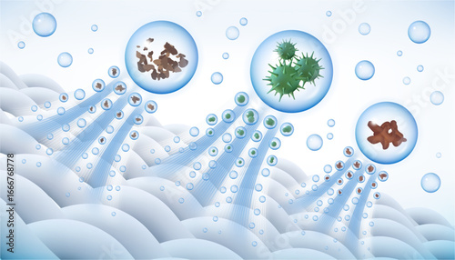 Removing dirt and bacteria from clothes, textile or materials. Vector realistic, cleaning home from fungus and germs. Professional cleaners and detergents, washing solutions and cleanliness