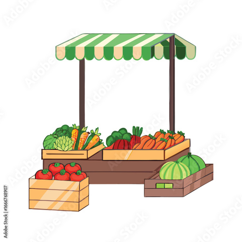 Fresh produce stand with striped awning and assorted vegetables market stall
