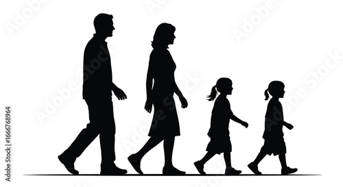Silhouetted family parents and two children walking together side by side towards the future vector