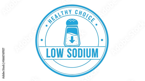 Healthy choice low sodium round label with salt shaker icon, promoting reduced salt intake for better dietary health and mindful eating habits in food product packaging