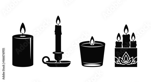 Set of four black silhouette candles burning with flames on white for ambiance and decoration vector