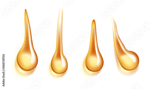 Gold honey or oil liquid dripping. Vector isolated icons of droplets with trace, realistic serum stain with bubble, side view. Cosmetic or food ingredients, pouring organic and natural product