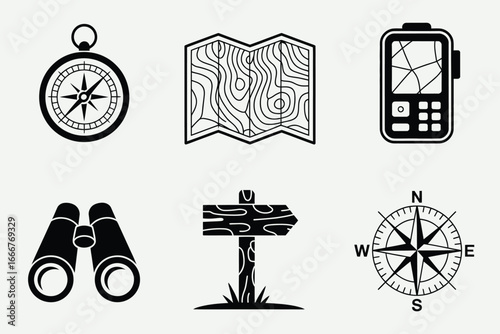 Navigation and exploration icons set featuring compass, map, gps, signpost, binoculars, and other travel elements