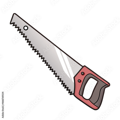 Hand saw tool with red handle and metal blade cutting wood