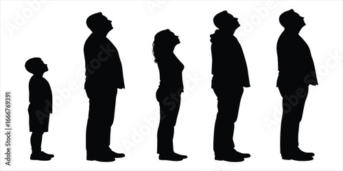 Silhouettes of a child and four men of varying heights on white background people