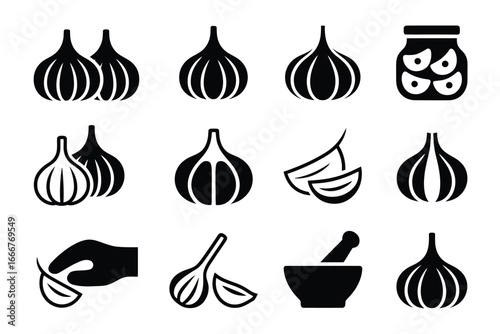 Collection of garlic icons, showcasing various forms and preparations of this flavorful and aromatic ingredient