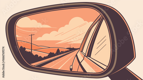 Reflection of a road and landscape in a car side mirror