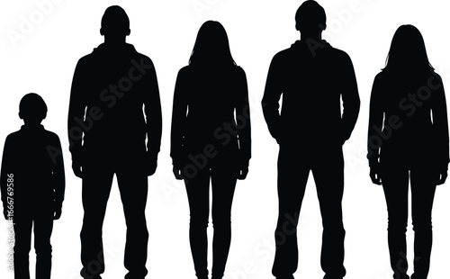 Silhouettes of a child, two men and two women standing facing forward on white background people family