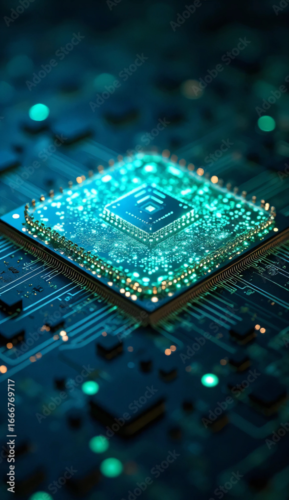 Fototapeta premium High Detail AI Quantum Processor with Neon Colors