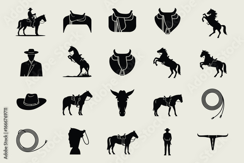 Set of cowboy and western silhouette icons featuring horses, saddles, hats, and cattle, evoking the spirit of the wild west and ranch life