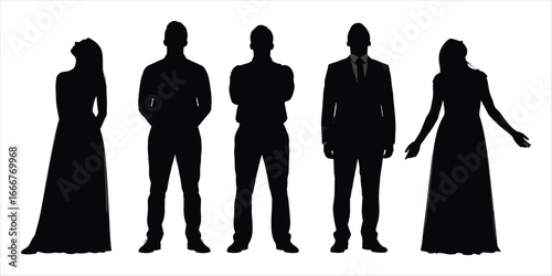 Silhouettes Of Five People In Formal And Evening Wear On White Background Keywords: silhouette, people