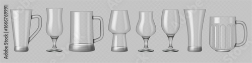 Empty cups, glass mug clear goblet for wine beer martini liquor rum champagne, mockup transparent background. Vector in realistic style