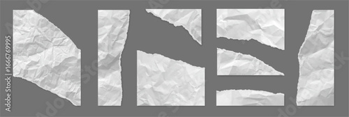Fragments of paper, isolated set of damaged and wrinkled pages with creased and crumpled texture. Vector realistic old parchment notebook pieces with creasy surface and torn edges design