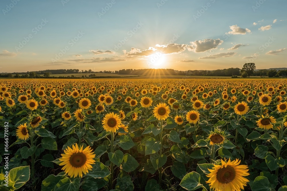 Obraz premium Stunning Field of Sunflowers Thriving in a Warm Summer Evening