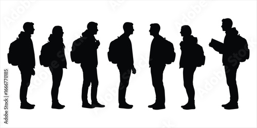 Silhouettes of seven students with backpacks and books on white background people group