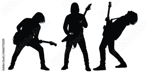 Silhouettes of three male guitarists playing electric guitars on white background musician