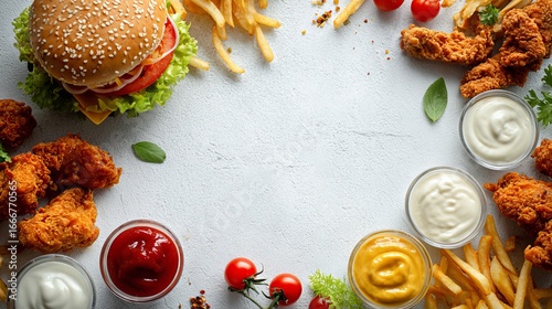 Overhead flat lay of assorted fast food items including a sesame seed burger, fries, crispy chicken, sauces, and fresh garnishes arranged around a clean white center space for menu design.