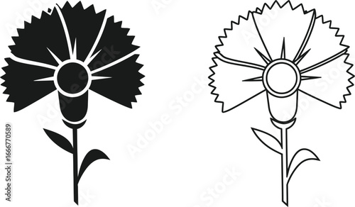 Stylized silhouette and outline of a single carnation flower on a stem