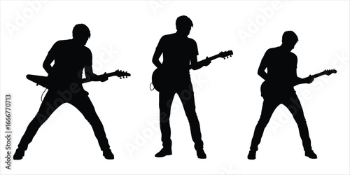 Three male guitarists playing electric guitars in silhouette on white background musicians music