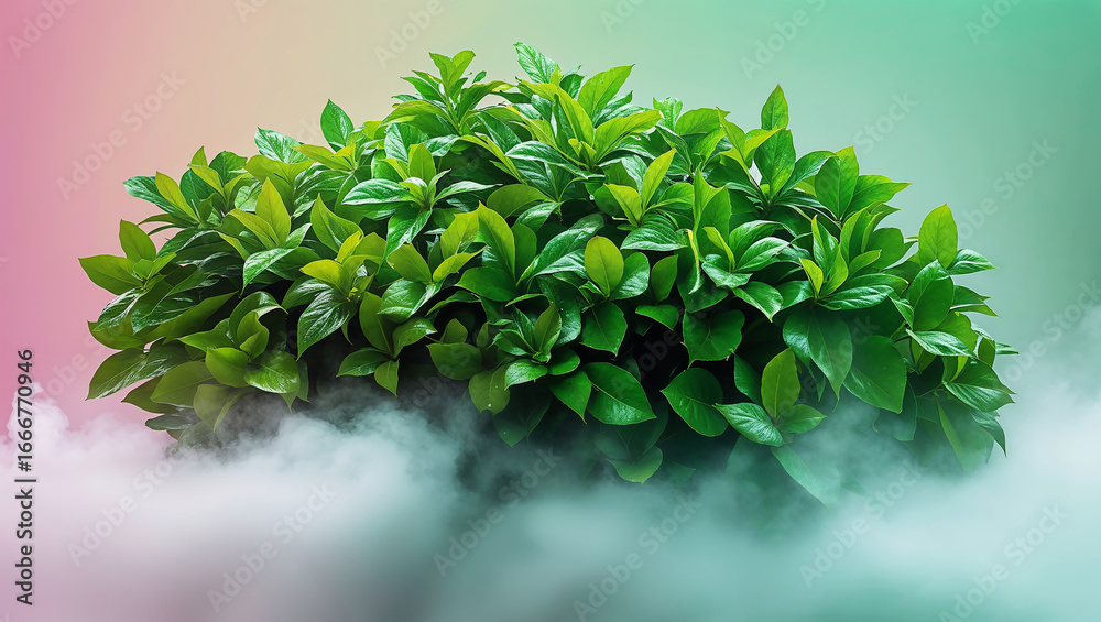 Fototapeta premium Vibrant Green Bush Emerging from Soft Cloud Background